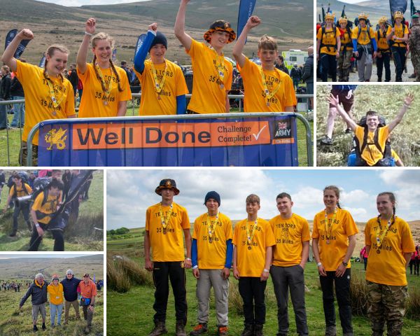 A group of young people celebrates completing the Ten Tors challenge, wearing deep yellow shirts with "35 miles," expressing joy and triumph. A "Well Done" banner is displayed.