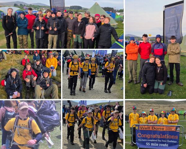 A collage of students in outdoor gear celebrating participating in the annual Ten Tors challenge. The mood is joyful as they pose at the campsite and finish line and hold a congratulatory banner.